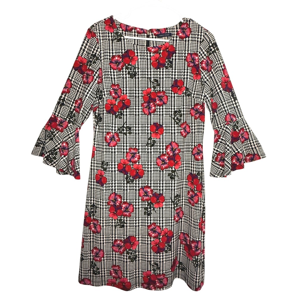 Tommy Hilfiger Dress Size 8 Plaid Floral Bell Sleeve Shift Retro Mod Career
